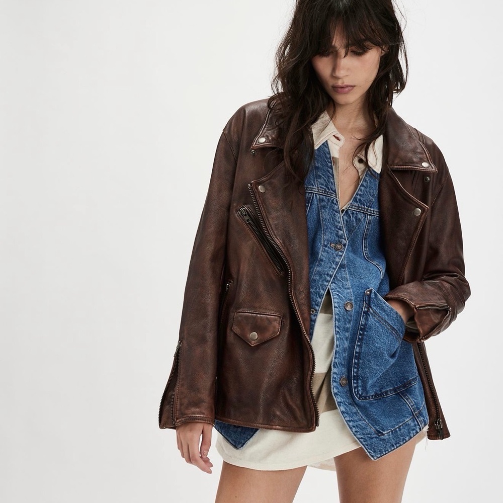 We The Free Distressed Brown Leather Jacket